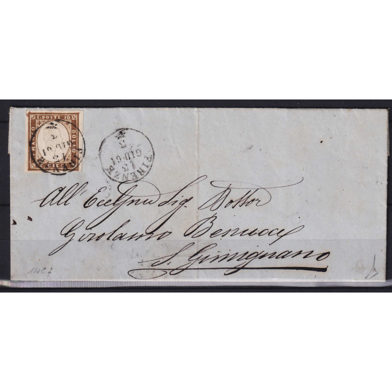 SARDEGNA 1861 10 CENTESIMI GRIGIO BISTRO SCURO N.14Cf US. SU BUSTA ...