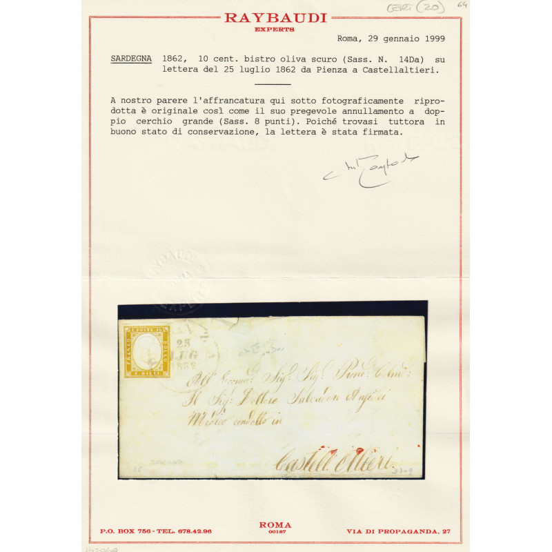 SARDEGNA 1862 10 CENT. BISTRO OLIVA SCURO N.14Da USATO SU BUSTA CER...