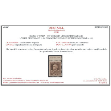 REGNO 1929 1,75 LIRE PARMEGGIANI DENT 13 3/4 BORDO FOGLIO G.I. MNH*...