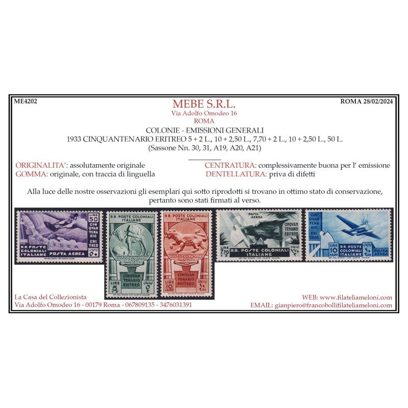 EMISSIONI GENERALI 1933 CINQUANTENARIO ERITREO 16 V. G.O MH* CERT. ...