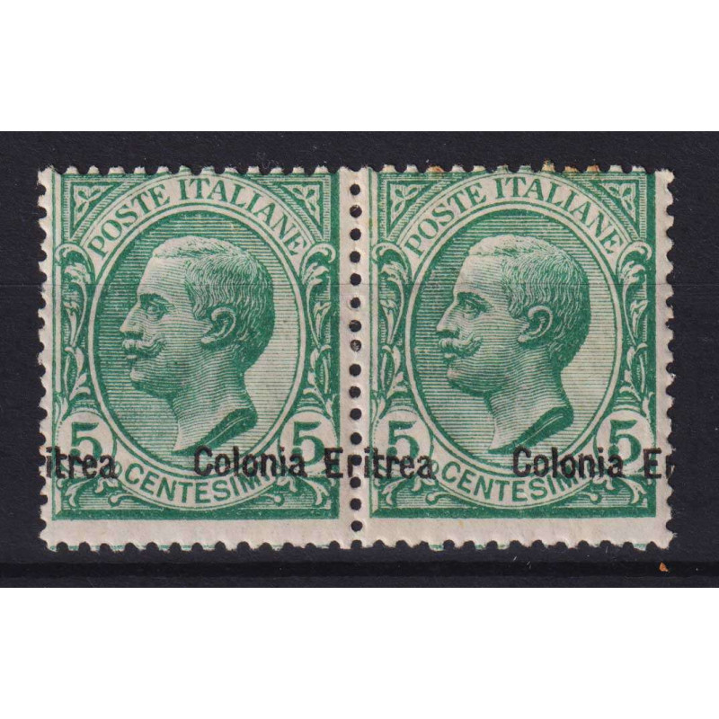 COLONIE ERITREA 1908-09 MICHETTI COPPIA 5 CENT. SOPRASTAMPA SPOSTAT...