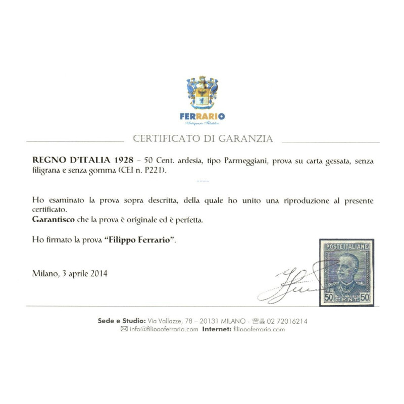 REGNO D'ITALIA 1928 PARMEGGIANI 50 CENT. PROVA D'ARCHIVIO CERTIFICA...