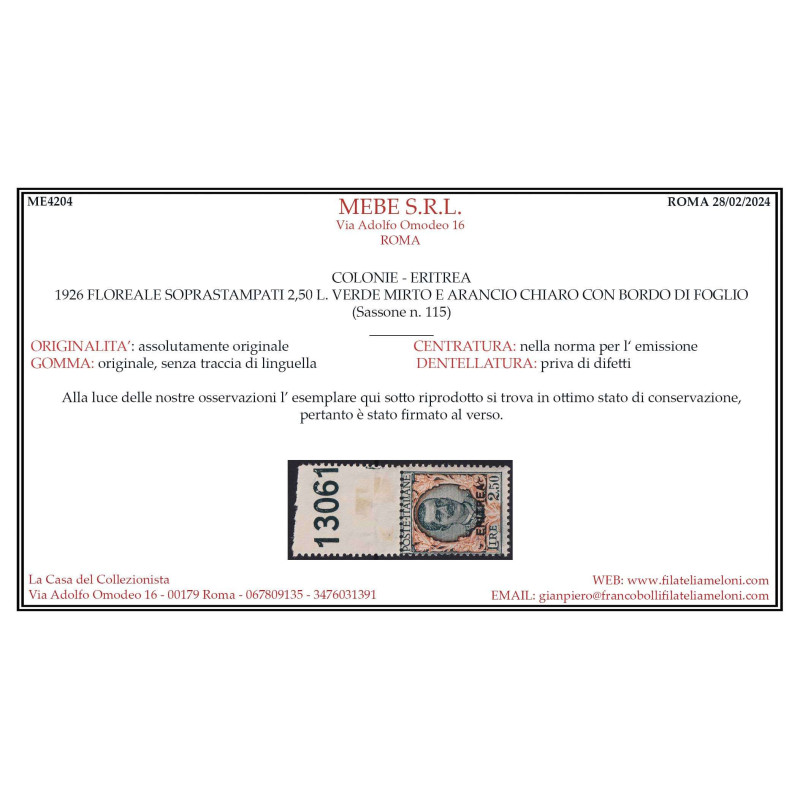 COLONIE ERITREA 1926 FLOREALE SOPRASTAMPATA 2,50 LIRE G.I MNH** CER...