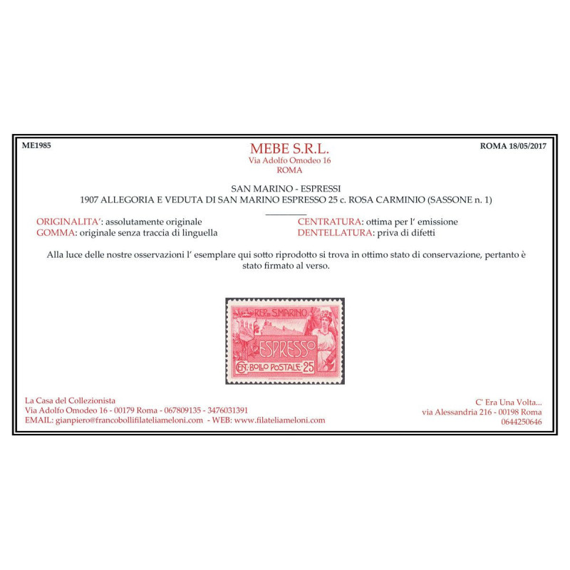 SAN MARINO 1907 ESPRESSO ALLEGORIA E VEDUTA 25 CENT G.I MNH** CENTR...