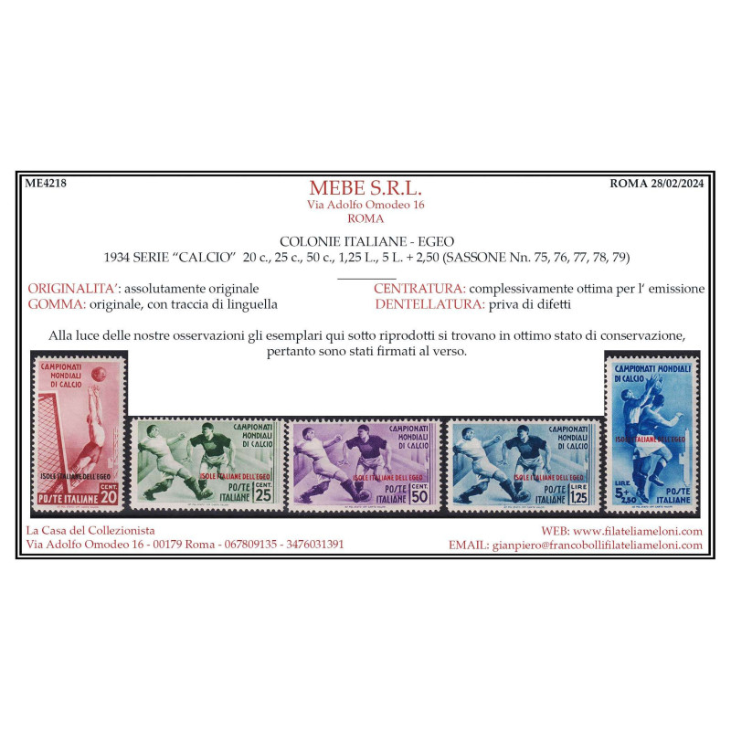 COLONIE EGEO 1934 CAMPIONATI MONDIALI DI CALCIO 9 VALORI G.O MH* CE...