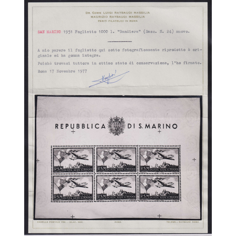 SAN MARINO 1951 FOGLIETTO BANDIERA N.13 G.I MNH** 2 CERTIFICATI  | ...