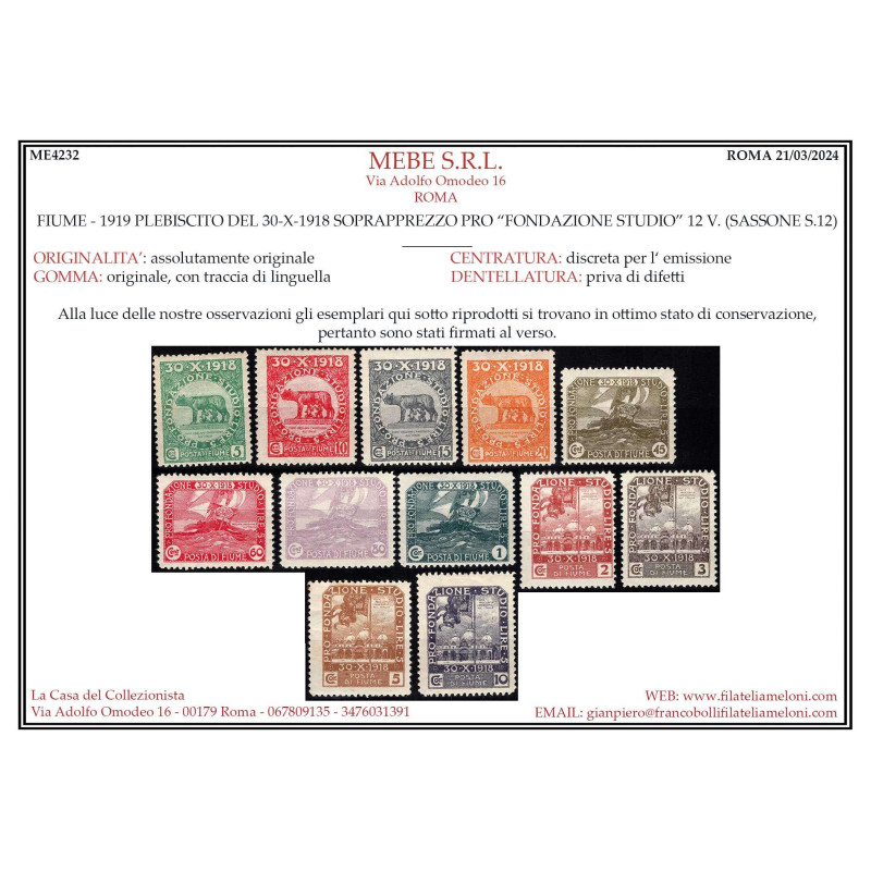 OCCUPAZIONI FIUME 1919 PLEBISCITO FONDAZIONE STUDIO N.62-73 G.O MH*...