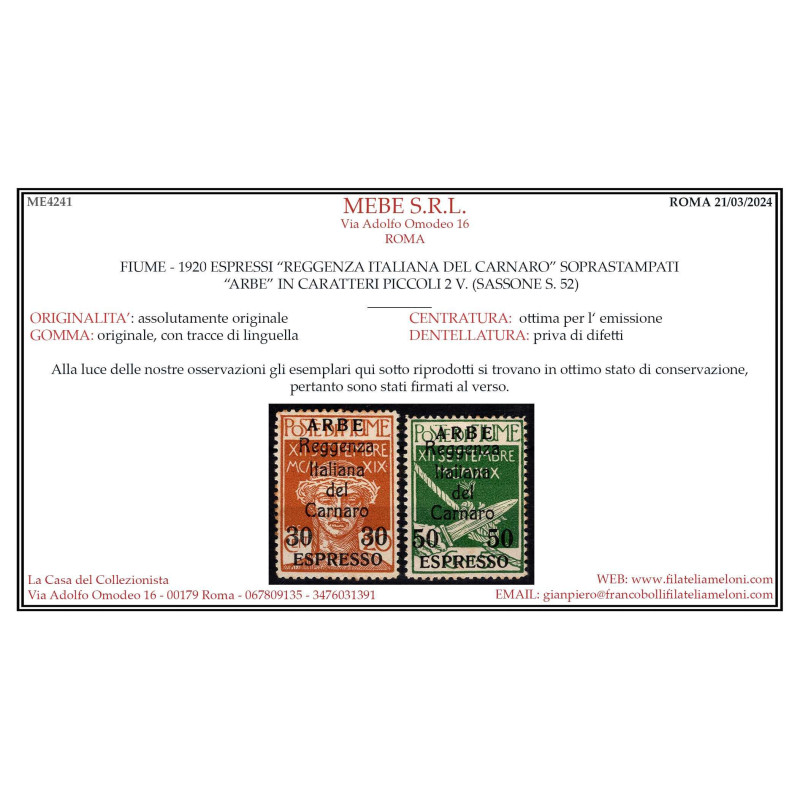 OCCUPAZIONI ARBE 1920 ESPRESSI REGGENZA DEL CARNARO 2 V. G.O MH* CE...