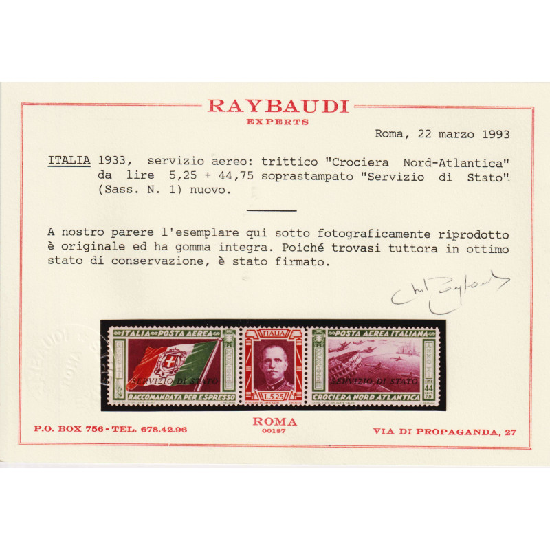 REGNO D' ITALIA 1933 TRITTICO SERVIZIO DI STATO N.1 G.I MNH** CERT....