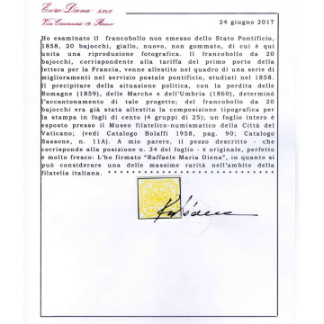 STATO PONTIFICIO 1858 20 baj. GIALLO n.11A NON EMESSO 3 CERT. GRAND...