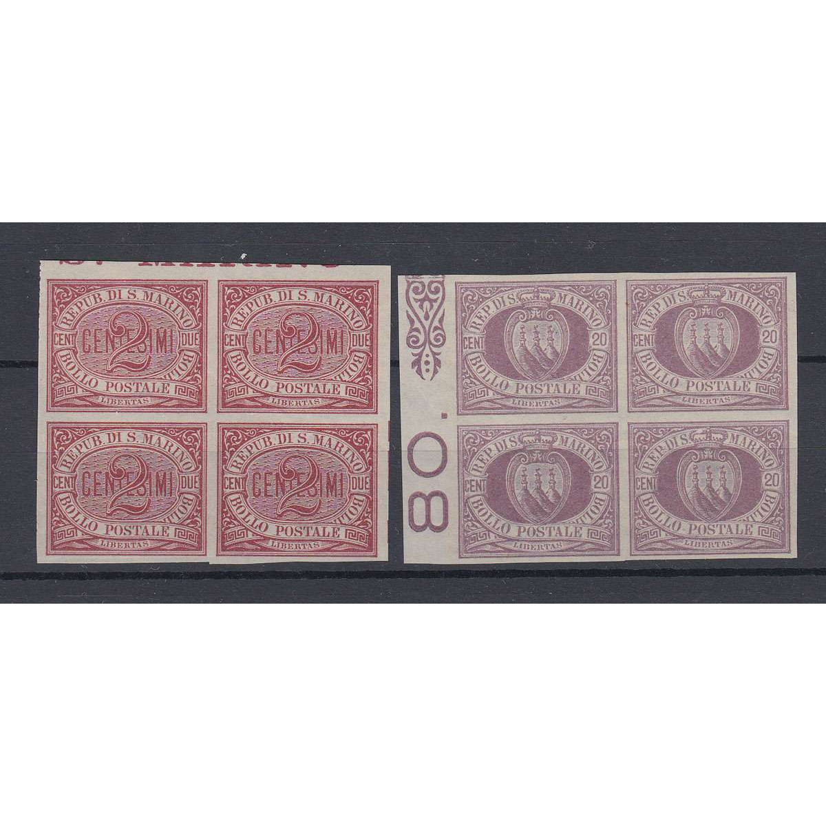 SAN MARINO 1894-99 CIFRA E STEMMA QUARTINE PROVE D'ARCHIVIO 2 V SEN... SAN MARINO 1894-99 CIFRA E STEMMA QUARTINE PROVE D'ARCHIVIO 2 V SEN...