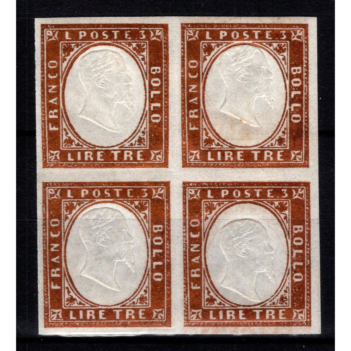 SARDEGNA 1861 QUARTINA 3 LIRE N.18 G.I MNH** / G.O MLH* CERT. | Fi... SARDEGNA 1861 QUARTINA 3 LIRE N.18 G.I MNH** / G.O MLH* CERT. | Fi...