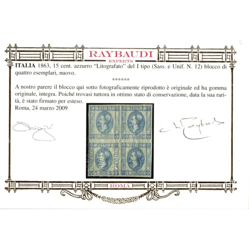 REGNO D'ITALIA 1863 QUARTINA 15 CENTESIMI MATRAIRE N.12 G.I MNH** C...