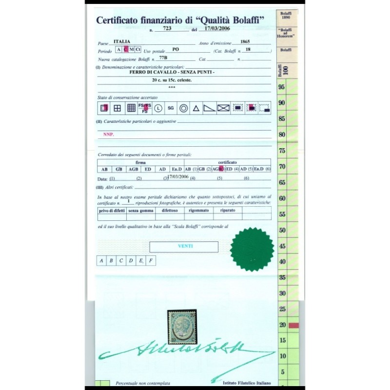 REGNO D'ITALIA 1865 FERRO DI CAVALLO I TIPO N.23 G.I MNH** CERT.  |...