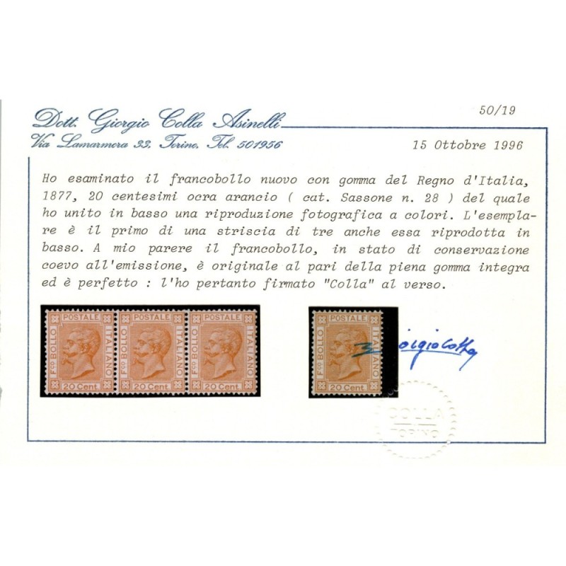 REGNO D'ITALIA 1877 20 CENTESIMI OCRA N.28 G.I MNH** CERT.  | Filat...