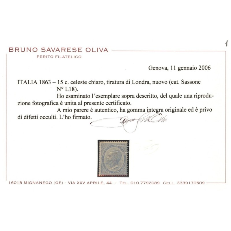 REGNO D'ITALIA 1863-65 15 CENTESIMI LONDRA DE LA RUE N.L18 G.I MNH*...