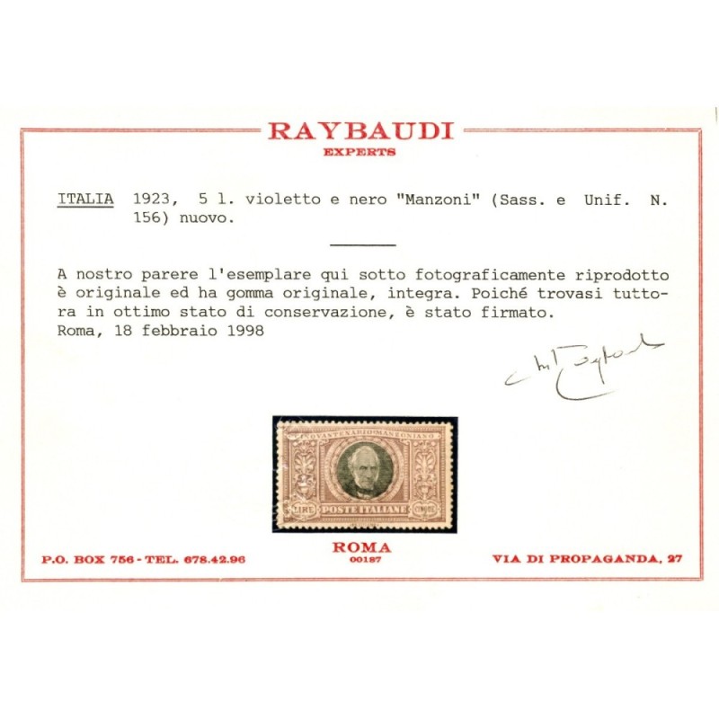 REGNO D'ITALIA 1923 MANZONI 6 V. G.I MNH** CERT. CENTRATI  | Filate...