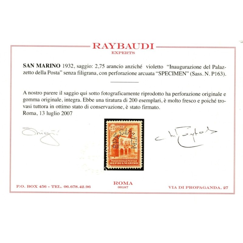 SAN MARINO 1932 PALAZZETTO DELLA POSTA SPECIMEN N.P163 G.I MNH** CE...