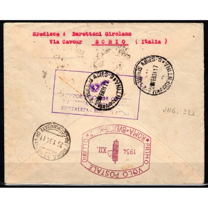 REGNO D'ITALIA 1934 P/A VOLO ROMA BUENOS AIRES 4 V. SU BUSTA CERT. ...