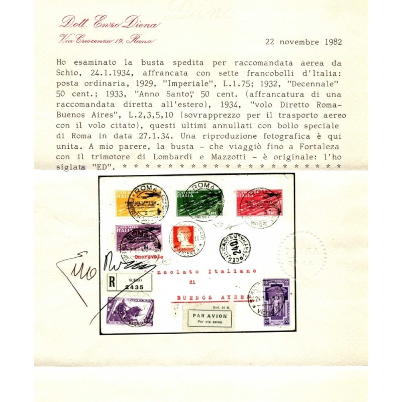 REGNO D'ITALIA 1934 P/A VOLO ROMA BUENOS AIRES 4 V. SU BUSTA CERT. ...