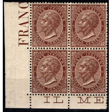 1863 REGNO D' ITALIA 30 c. BRUNO L19 LONDRA QUARTINA ANG. CERT. G.I...