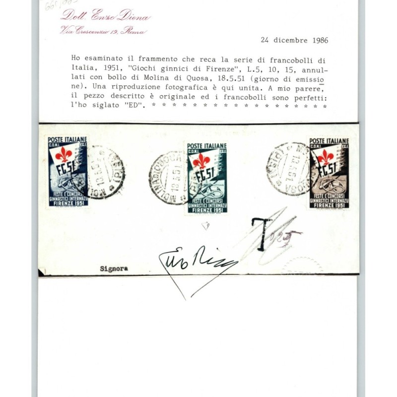 REPUBBLICA 1951 GINNICI 3 V. USATI SU FRAMMENTO CERT.  | Filatelia ...