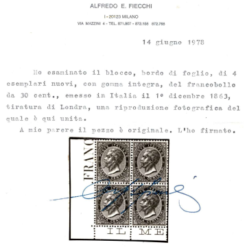 1863 REGNO D' ITALIA 30 c. BRUNO L19 LONDRA QUARTINA ANG. CERT. G.I...