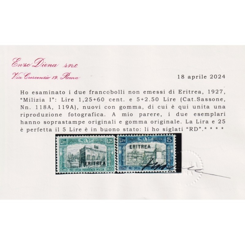 COLONIE ERITREA 1927 MILIZIA I NON EMESSI N.118A-119A G.O MH* CERT....