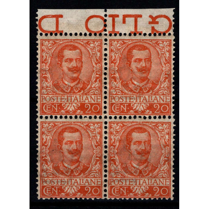 1901 REGNO FLOREALE 20 c. ARANCIO n.72 QUARTINA OTTIMA CENTR. CERT....