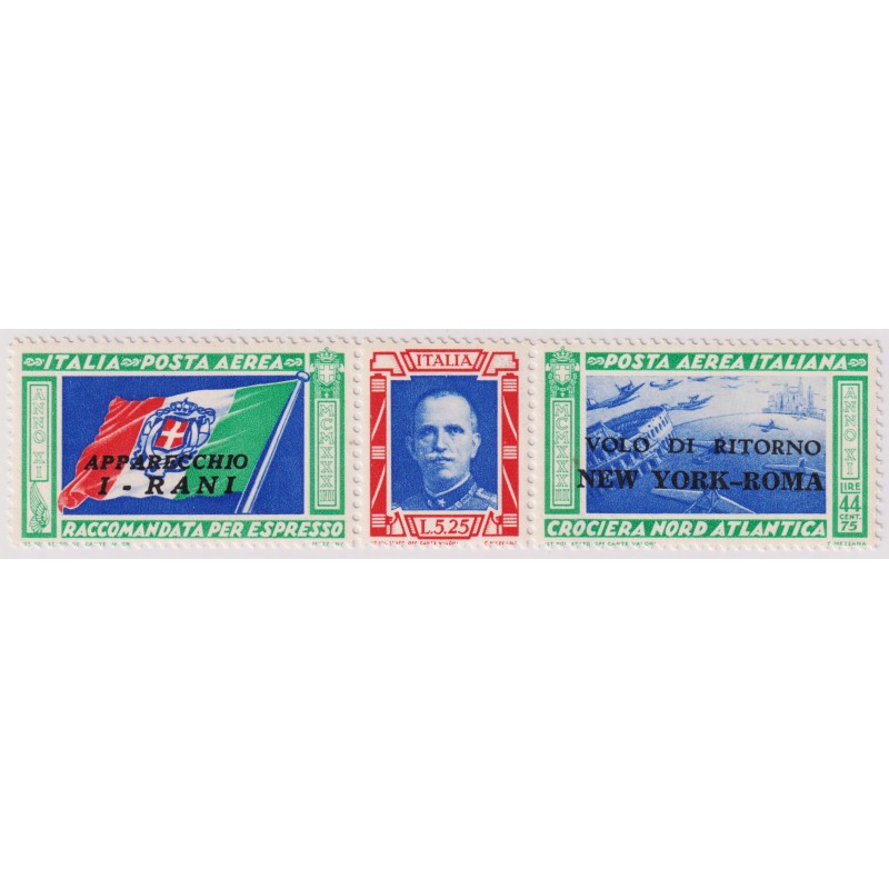 REGNO D'ITALIA 1933 TRITTICO VOLO DI RITORNO I-RANI G.I MNH** CERT....