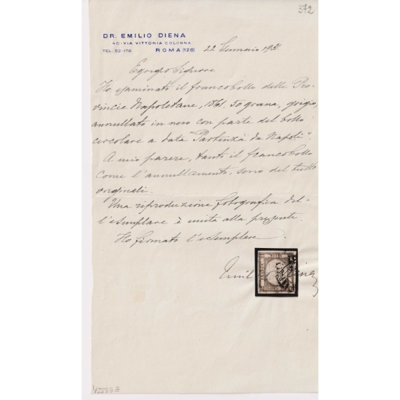 PROVINCE NAPOLETANE 1861 50 GRANA GRIGIO PERLA N.24 US. 2 CERT. SPL...