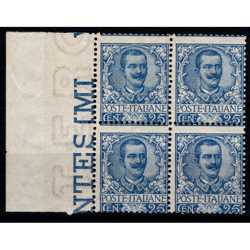 1901 REGNO FLOREALE 25 c. AZZURRO n.73 QUARTINA CERT. G.I. MNH**  |...