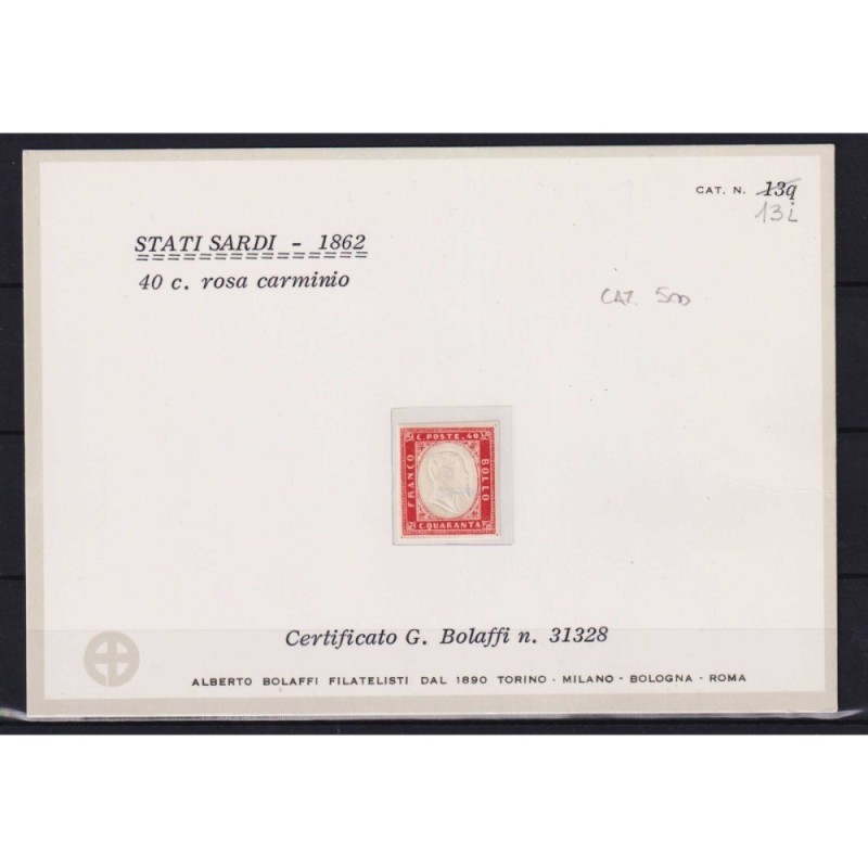 SARDEGNA 1862 40 CENTESIMI ROSA CARMINIO N.16E G.I MNH** CERT. BOLA...