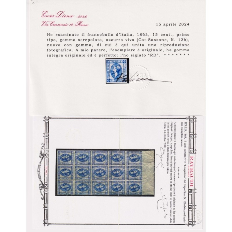 REGNO D'ITALIA 1863 15 CENTESIMI MATRAIRE GOMMA SCREPOLATA G.I MNH*...