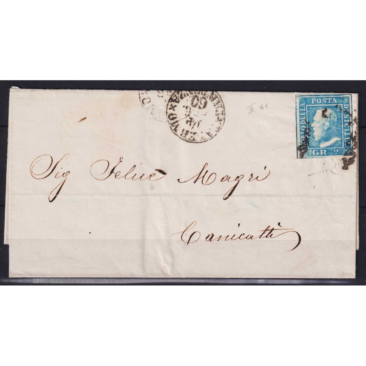 SICILIA 1859 2 GRANA AZZURRO II TAV. N.7 SU BUSTA BEN MARGINATO SIG... SICILIA 1859 2 GRANA AZZURRO II TAV. N.7 SU BUSTA BEN MARGINATO SIG...