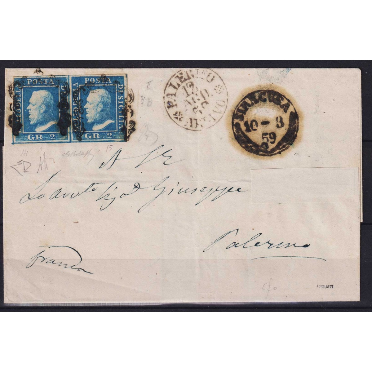 SICILIA 1859 COPPIA 2 GRANA COBALTO II TAV. N.7b SU BUSTA BEN MARGI... SICILIA 1859 COPPIA 2 GRANA COBALTO II TAV. N.7b SU BUSTA BEN MARGI...