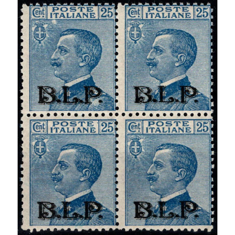 1922-23 REGNO B.L.P. 25 c. AZZURRO n.8 QUARTINA CERT. G.I. MNH**  |...