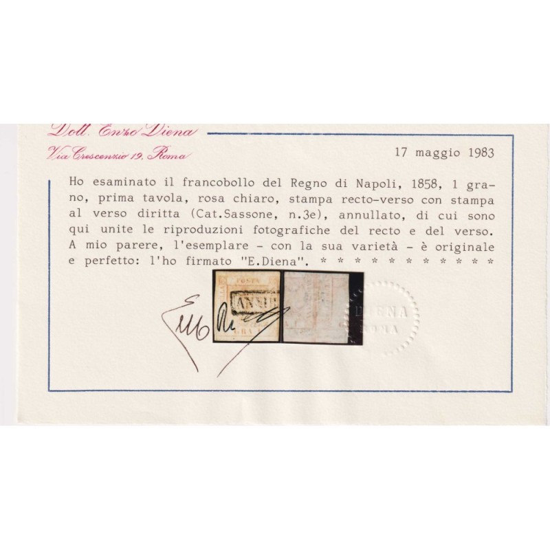 NAPOLI 1858 1 GR. I TAV. STAMPA RECTO VERSO E AL VERSO DRITTA N.3e ...