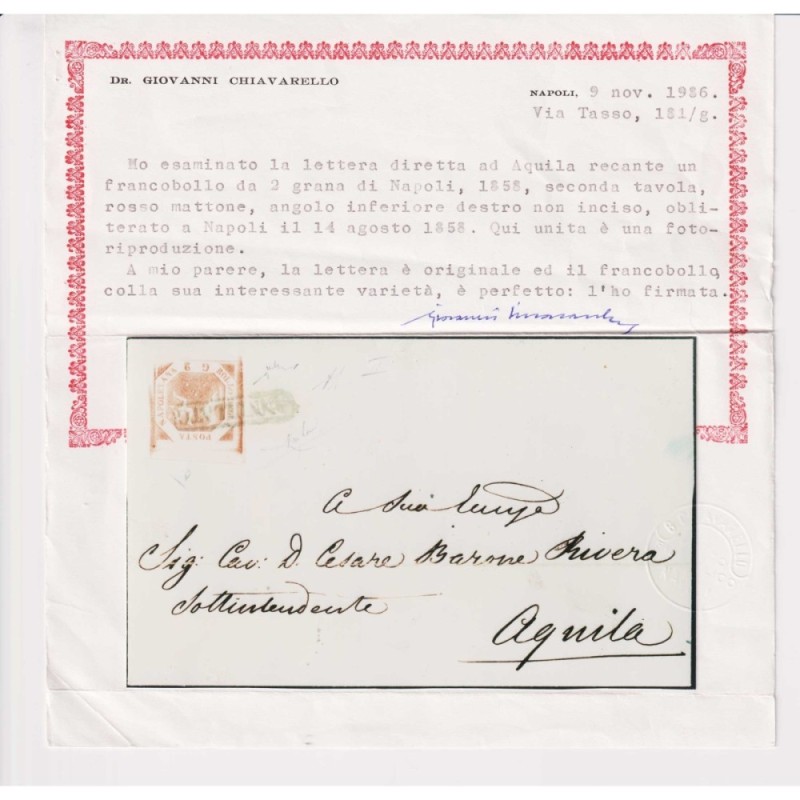 NAPOLI 1858 2 GRANA VARIETA' DI INCISIONE N.6g US. SU BUSTA 2 CERT....
