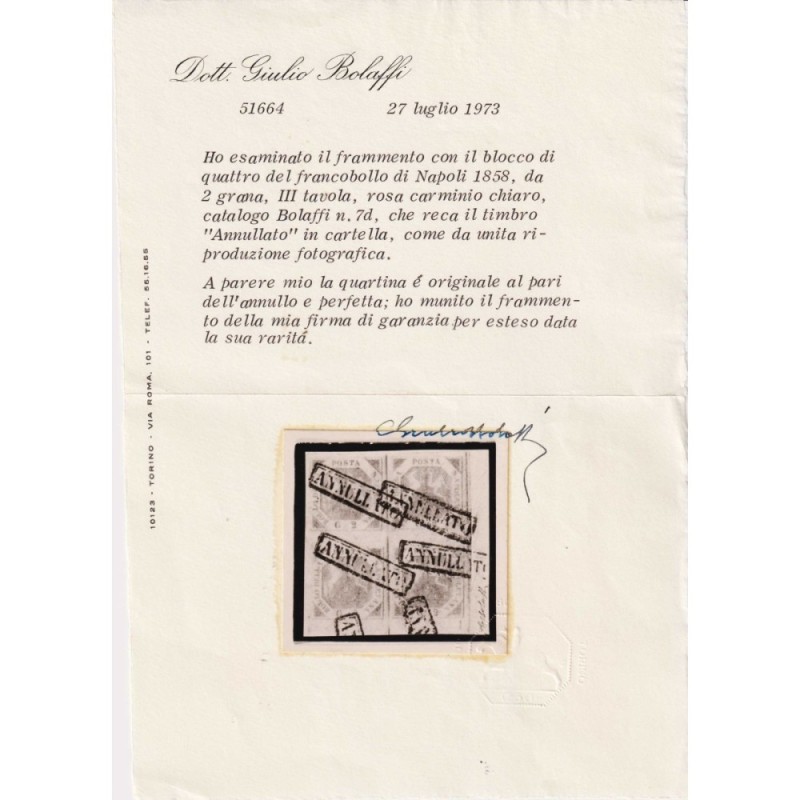 NAPOLI 1858 QUARTINA 2 GRANA ROSA CARMINIO CHIARO III TAV. N.5 US. ...