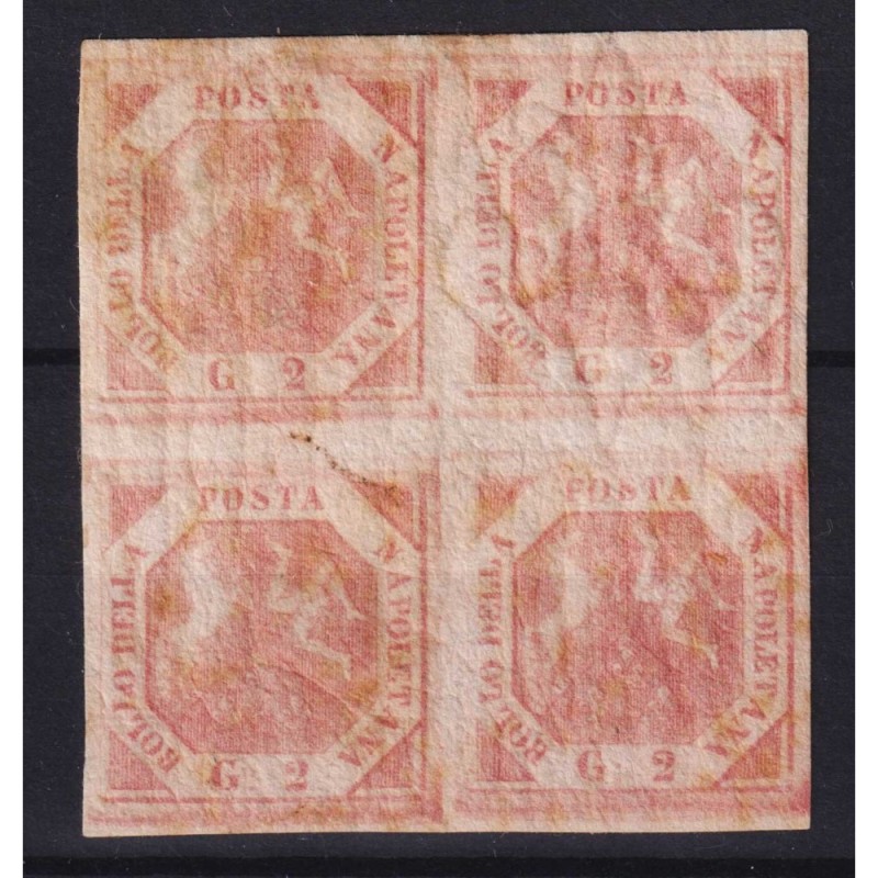 NAPOLI 1858 QUARTINA 2 GRANA ROSA CARMINIO I TAV. N.5d G.O MH* CERT...