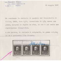 REGNO 1929 1,75 LIRE PARMEGGIANI DENT 13 3/4 BORDO FOGLIO G.I. MNH** CERTIFICATO regno d' Italia francobolli filatelia stamps