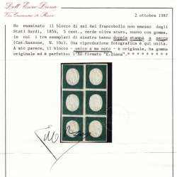 1854 SARDEGNA 3 V. NON EMESSI 5 c. BLOCCO DA 6 UNICO NOTO G.I./G.O. MNH**/MH* Sardegna francobolli filatelia stamps
