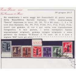 1944 R.S.I. SAGGI P.A. 7 V. FASCIO N Nn.P9/P13-P10A-P12A BORDO CERT. G.I.** R.S.I. e Luogotenenza francobolli filatelia stamps