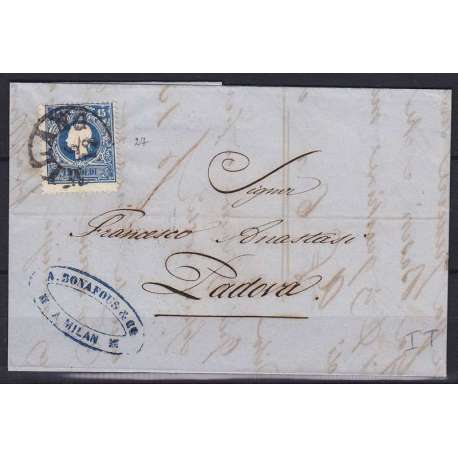 1858 LOMBARDO VENETO 15 s. AZZURRO I TIPO n27 SU BUSTA US. Lombardo Veneto francobolli filatelia stamps