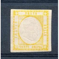 1858 PR. NAPOLETANE 10 gr. GIALLO ARANCIO (23a) CERTIFICATO G.O. (MH) Napoli francobolli filatelia stamps