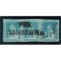 1851 TOSCANA 2 CR. (5) STRISCIA DI 3 ANNULLO DI PREGIO LEGGERE CERTIFICATO US. Toscana francobolli filatelia stamps