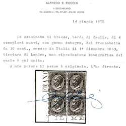 1863 REGNO D' ITALIA 30 c. BRUNO L19 LONDRA QUARTINA ANG. CERT. G.I. MNH** regno d' Italia francobolli filatelia stamps