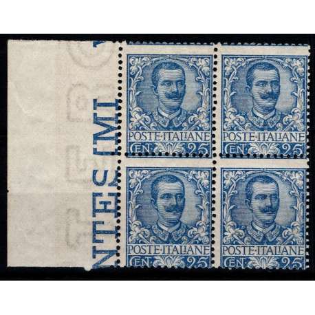 1901 REGNO FLOREALE 25 c. AZZURRO n.73 QUARTINA CERT. G.I. MNH** regno d' Italia francobolli filatelia stamps