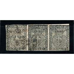 1852 PARMA 10 C. (2a) STRISCIA DI 3 LEGGERA PIEGA LEGGERE CERTIFICATO US. Modena e Parma francobolli filatelia stamps